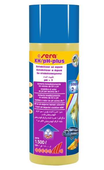 Produto Sera KH/pH-plus em frasco amarelo com tampa azul para aquários
