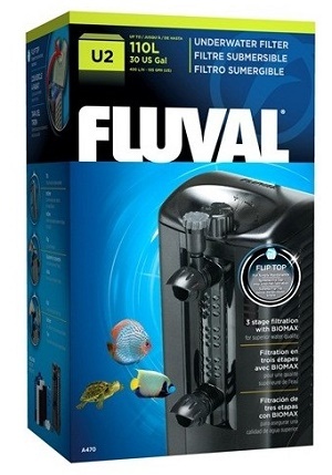 Embalagem do filtro submersível Fluval U2 para aquários até 110 litros com detalhes em azul e preto.