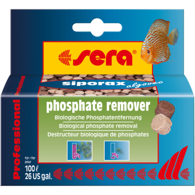 Embalagem azul do produto Sera Siporax phosphate remover com esponjas marrons e peixe ornamental