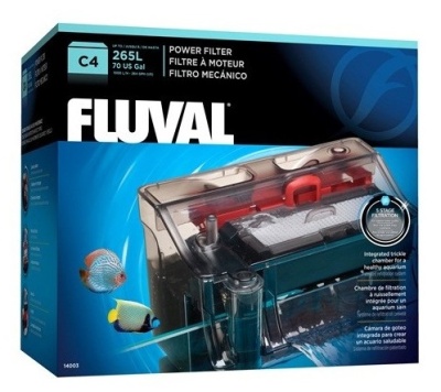 Filtro de motor Fluval C4 para aquários até 265 litros em caixa azul com imagens de peixes