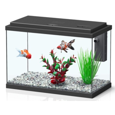 Aquário retangular com peixes e plantas artificiais