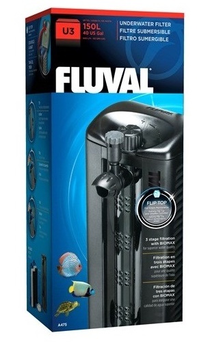 Filtro submersível Fluval U3 preto em embalagem azul com imagens de peixes