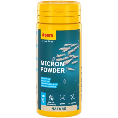 Frasco amarelo de alimento para peixes Micron Powder da sera com rótulo azul e imagens de peixes