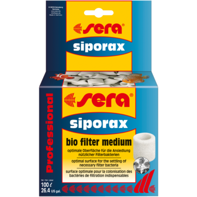 Embalagem de filtro bio media Sera Siporax com grânulos brancos e texto em amarelo e azul