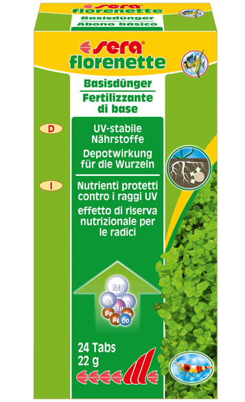 Caixa de fertilizante básico para plantas aquáticas com texto em alemão e italiano e imagens de planta e raízes