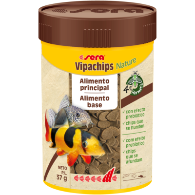 Recipiente de alimento para peixes sera Vipachips Nature amarelo e castanho com peixes e chips