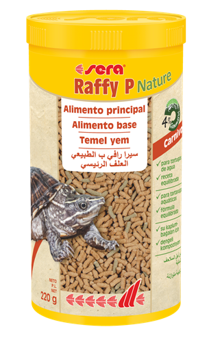 Embalagem amarela de alimento para tartarugas com pellets visíveis e texto multilingue.