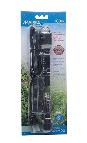 Aquecedor submersível preto para aquários em embalagem azul