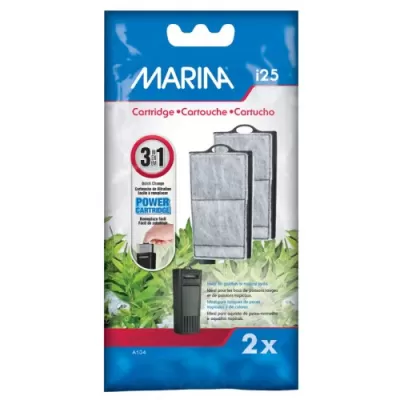 Embalagem azul e branca com dois cartuchos de filtro cinza para aquário MARINA i2.5