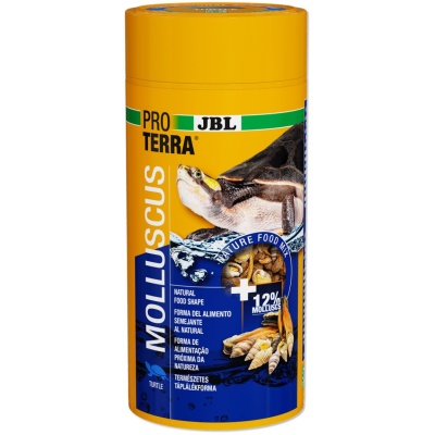 Embalagem amarela e azul de alimento para tartarugas com texto e imagem de moluscos