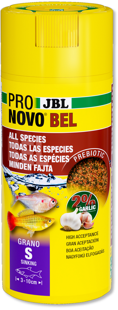 Embalagem amarela de comida para peixes JBL PRO NOVO BEL com imagens de peixes e alho