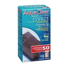 Embalagem azul de carvão activo para filtro AquaClear com texto em inglês