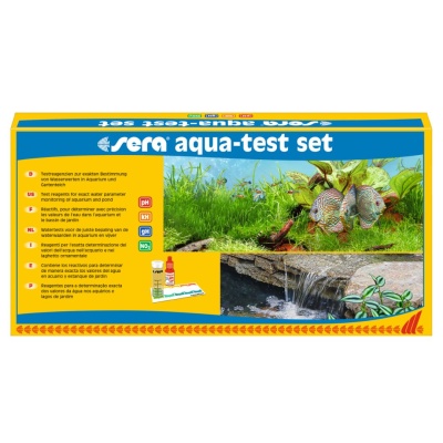Conjunto para teste de água em aquário e jardim com imagens de peixes e plantas aquáticas