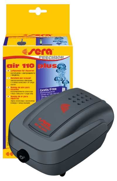 Aerador para aquário cinza com embalagem amarela da Sera Precision air 110 plus