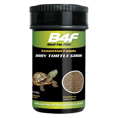 Embalagem preta de alimento para tartarugas aquáticas com rótulo verde e preto e imagem de tartaruga