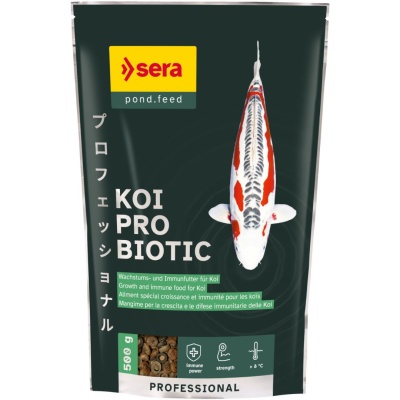 Pacote preto de ração Koi Pro Biotic com imagem de peixe Koi branco e vermelho