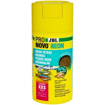 Frasco amarelo de comida para peixes JBL PRO NOVO NEON com texto e imagens de peixes neon