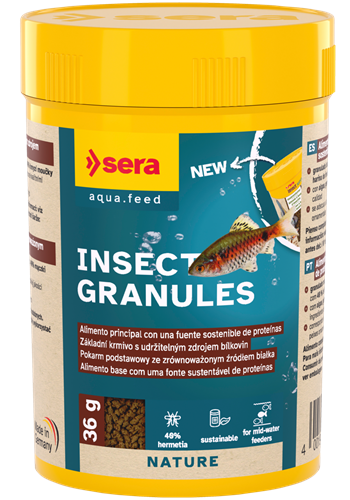 Recipiente amarelo de alimento para peixes Insect Granules da marca sera