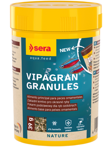 Recipiente amarelo de alimento para peixes VIPAGRAN GRANULES da marca sera