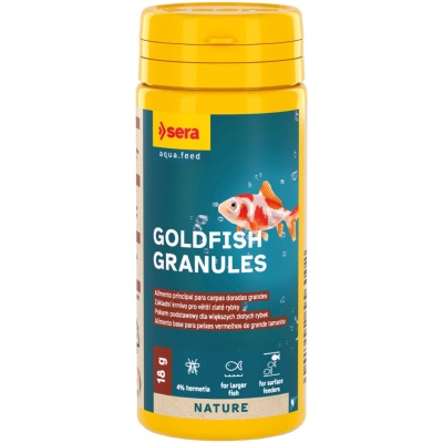 Embalagem amarela de granulado para peixes dourados com rótulo azul e texto branco