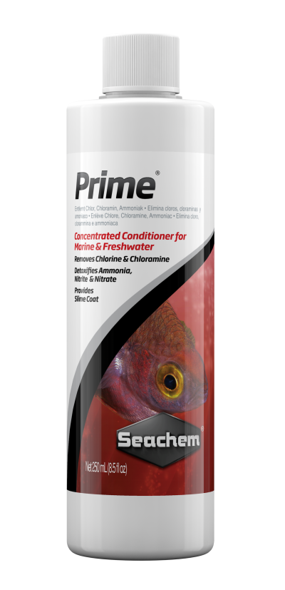 Frasco branco de condicionador concentrado para aquários Prime da Seachem com imagem de peixe no rótulo