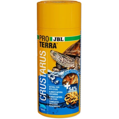 Produto CRUSTARUS da JBL para tartarugas, embalagem amarela com texto e imagem