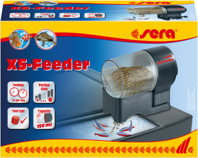 Dispenser automático de comida para peixes XS-Feeder da marca Sera em caixa amarela