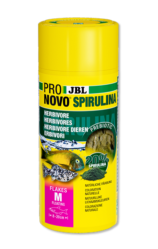 Embalagem amarela de ração para peixes JBL Pro Novo Spirulina com imagens e texto
