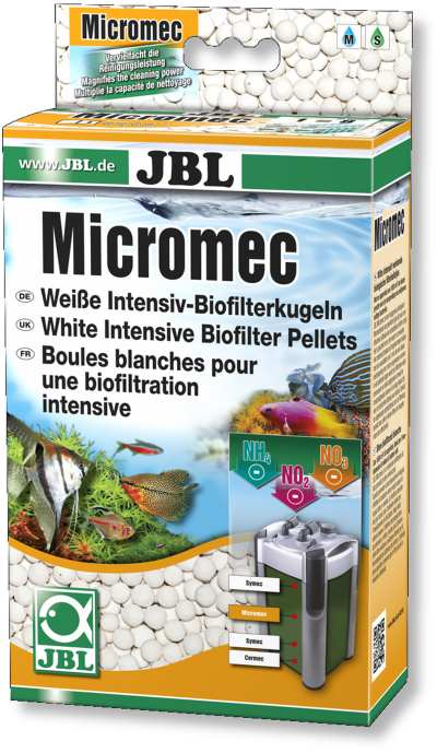 Embalagem do JBL Micromec com pelotas brancas de biofiltro, peixes tropicais e gráfico de composição de filtros químicos