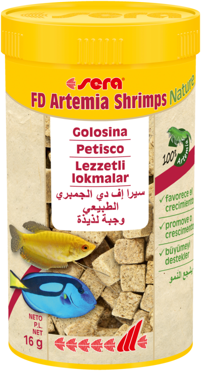 Embalagem amarela de ração para peixes FD Artemia Shrimps Nature da Sera