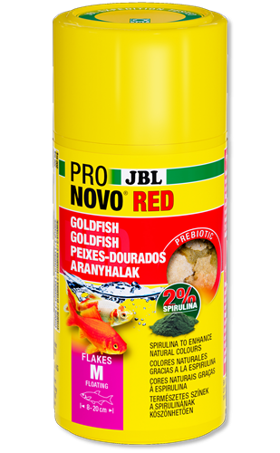 Recipiente amarelo de alimento para peixes dourados JBL PRO NOVO RED 20% spirulina