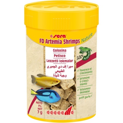 Embalagem de petiscos para peixes sera FD Artemia Shrimps Nature 7g, amarelo com imagens de peixes e texto multilíngue.