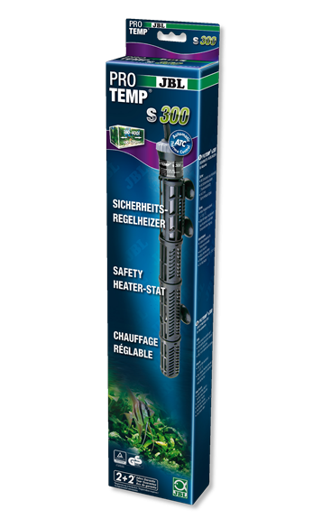 Embalagem azul com aquecedor de aquário JBL Pro Temp S 300 e textos em três idiomas.
