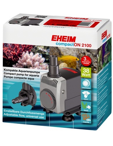 Bomba compacta para aquários EHEIM compactON 2100 na embalagem com informações em várias línguas