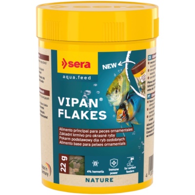 Recipiente amarelo de alimento para peixes ornamentais VIPAN FLAKES com imagens de peixes e texto