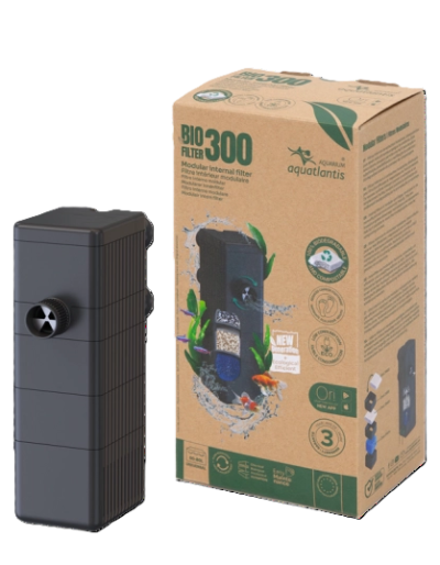 Filtro interno modular BIO FILTER 300 preto ao lado da embalagem castanha com texto verde e preto