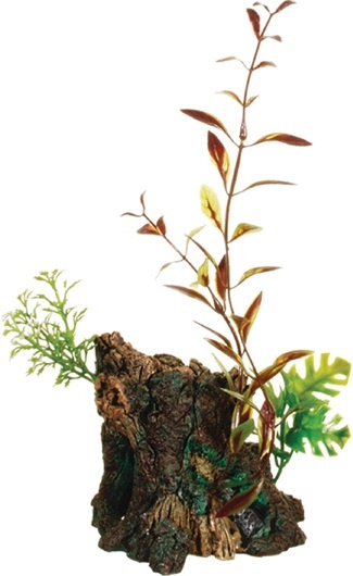 Decoração aquário tronco com plantas artificiais verdes e castanho