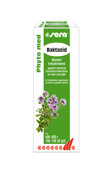 Caixa do produto sera Baktazid para tratamento de água com imagem de flores lilases