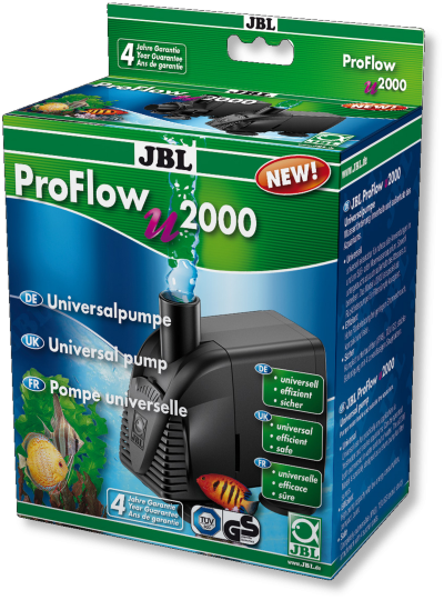 Embalagem da bomba universal JBL ProFlow u2000 em azul e verde com imagens de peixes e texto multilingue