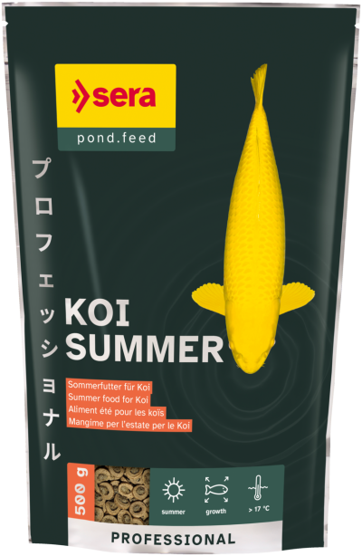Embalagem preta de alimento para peixes Koi Summer com peixe amarelo e texto multilingue