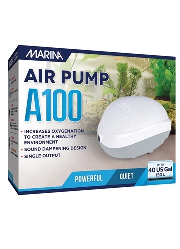 Caixa branca e azul de bomba de ar para aquários Marina Air Pump A100