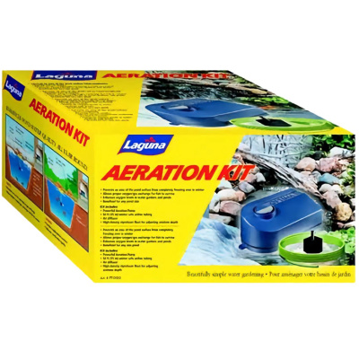 Kit de aeração para lagoas Laguna em embalagem amarela com bomba azul e base verde