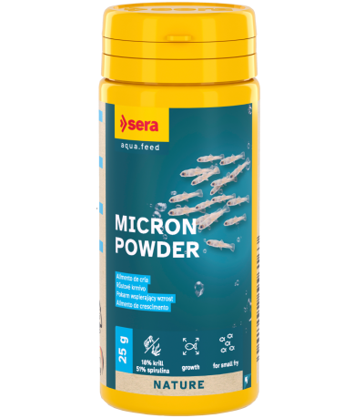 Frasco amarelo de alimento para peixes Micron Powder da marca sera