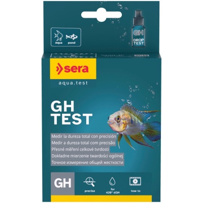 Teste de dureza de água Sera GH Test azul com peixe colorido e texto multilingue