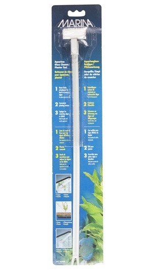 Limpa vidros para aquários Marina com cabo branco e escova, embalagem azul com instruções