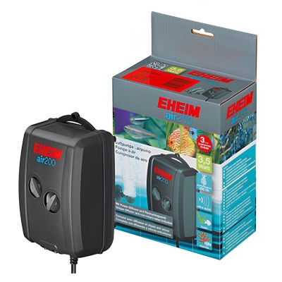 Bomba de ar preta EHEIM air 200 e embalagem colorida com imagens de peixes