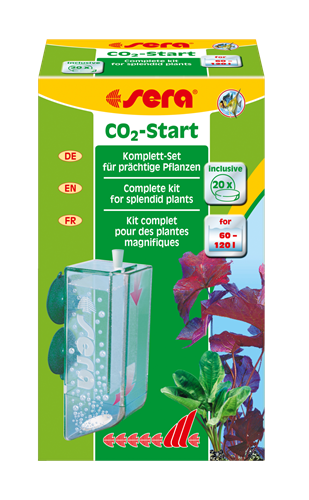 Embalagem de kit Sera CO2-Start para plantas aquáticas, com dispensador e plantas em fundo verde.