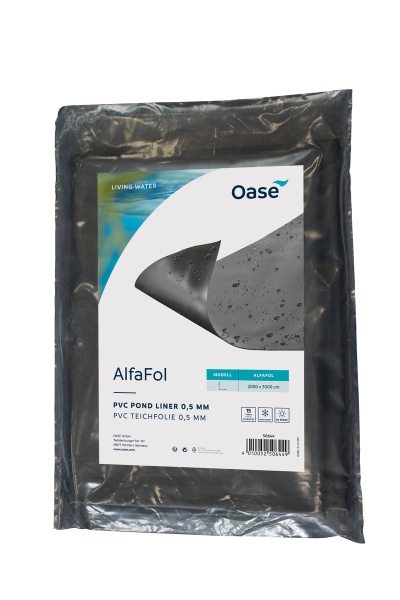 Pacote preto de AlfaFol PVC Pond Liner 0,5 mm da marca Oase com rótulo branco azul
