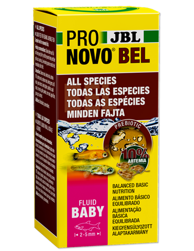 Embalagem amarela e vermelha do alimento para peixes JBL ProNovo Bel Fluid Baby