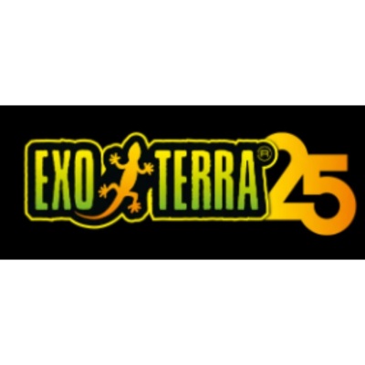 Logotipo EXO TERRA com lagarto e número 25 em fundo preto.